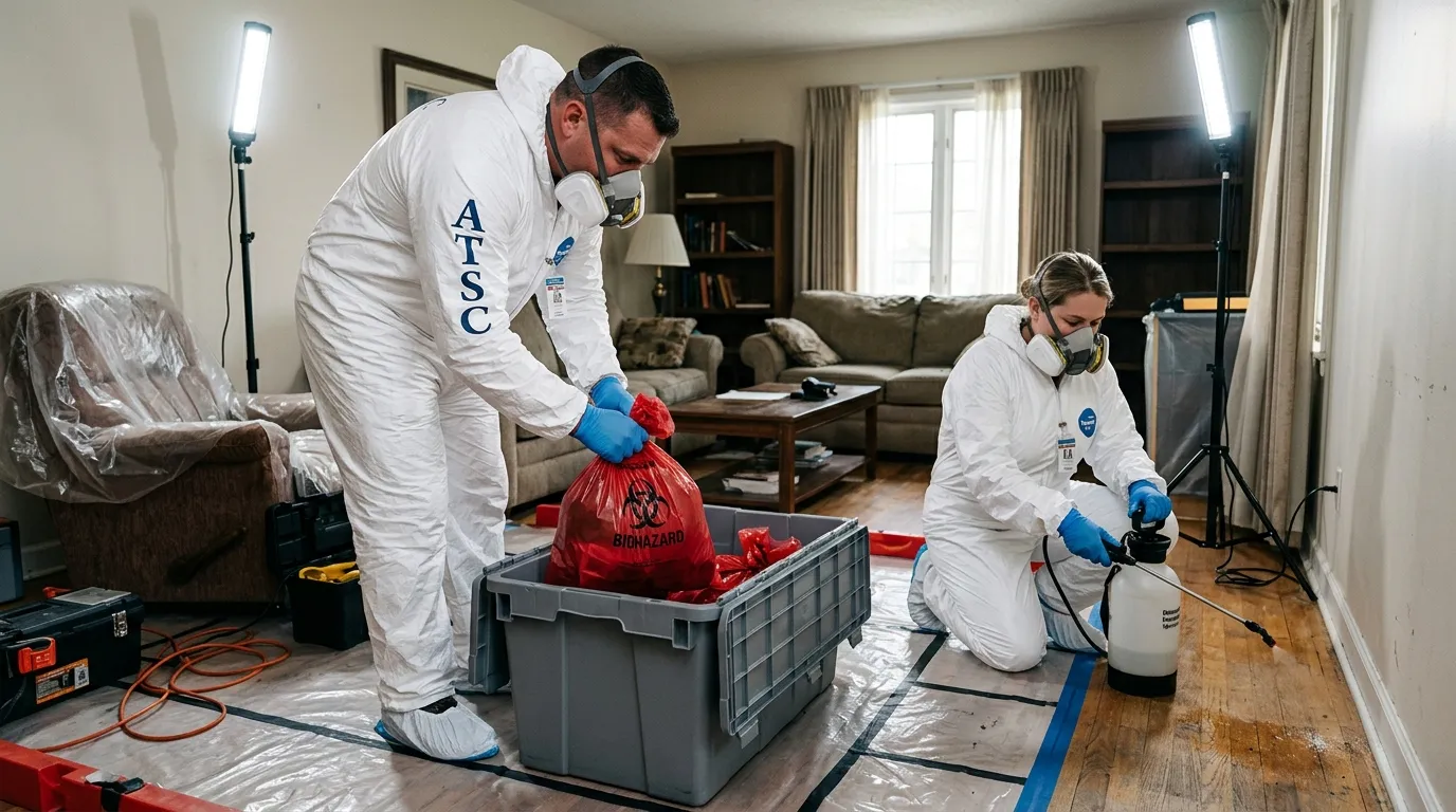 Professional Biohazard Cleanup technician in full PPE working in Albion